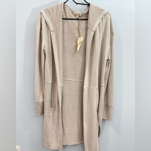 Sweaters - Kings Road Women’s Beige Hooded Cardigan Open Front Lightweight Duster Pockets M